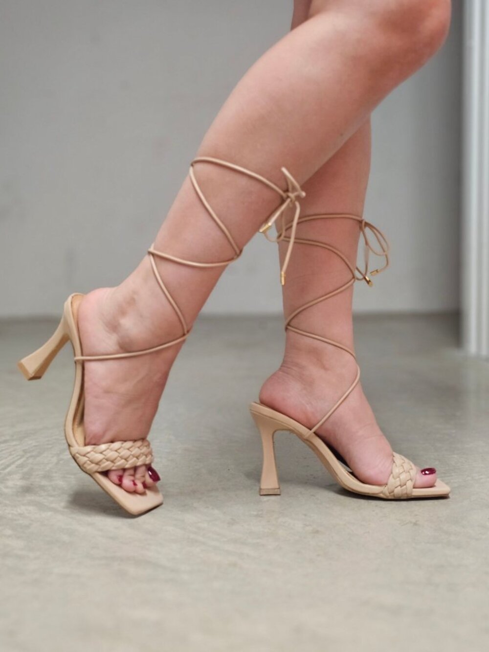 Braided Beige Lace-Up Heels With Square Toe & Stiletto Heel Design